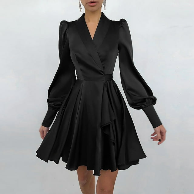 Mikilon Robe Formelle Unie à Manches Longues et Col en V pour Femmes, Volants, Robe de Soirée