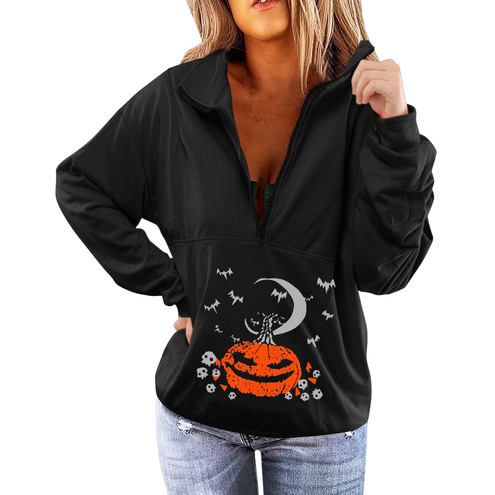 womens zip front sweatshirt no hood
