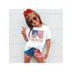 thumbnail image 1 of Camiseta 100 % algodón con estampado de bandera estadounidense patriótica para niña: top informal de verano de corte holgado con detalle de lazo rojo para celebraciones del 4 de julio, Día de la Ind, 1 of 6