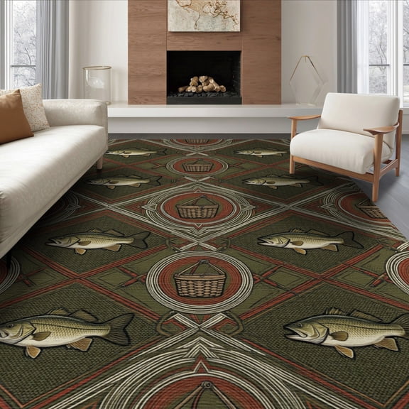 ODIKA 8'x10' Washable Area Rug Non-Shedding, Easy Care, Cabin Vintage Bass Angler Motifs Theme Trout Lure Fishing Fish Refined for King Size Bedroom Under Bed, Master Suite