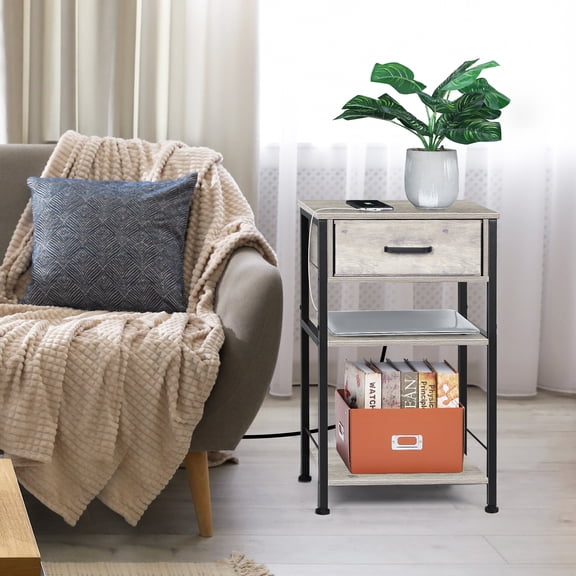 Gray Wash 3‑Tier Nightstand with Charging Station & Fabric Drawer, Industrial Side Table for Bedroom