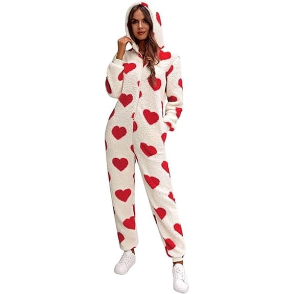 GOBWCOT Women's Plush heart-print one-piece pajamas Sweet Heart Pattern Furry Romper Ultra Soft Onesie Pajamas Jumpsuit Pants with Hood Valentine's Day Gift(Red)