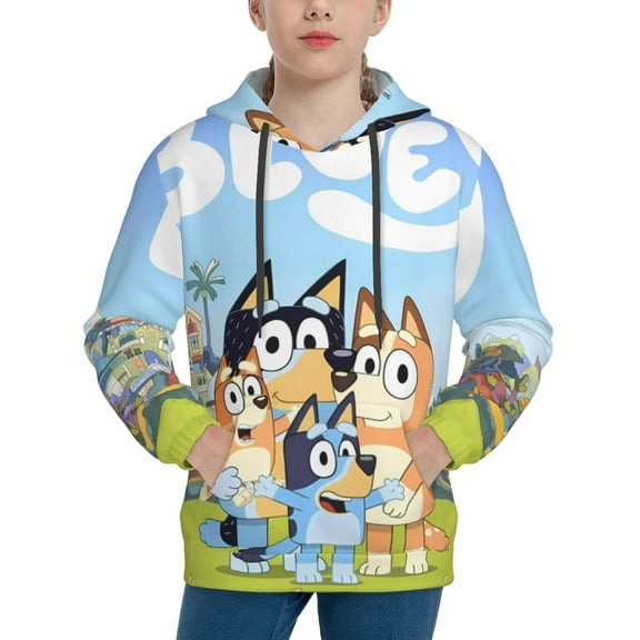 Zofaai Bluey Pattern Youth Hoodies, Drawstring Hooded Long Sleeve Sweatshirt with Pockets for Boys and Girls-Small