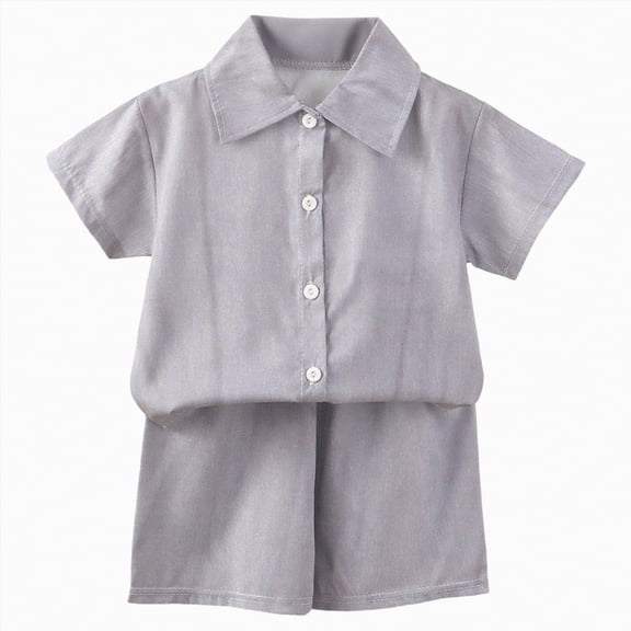 mgoYE Boy's 2 Pieces Cotton Linen Set Casual Button Shirts Short Sleeve Beach Shorts Summer Outfits|Grey 18-24 Months