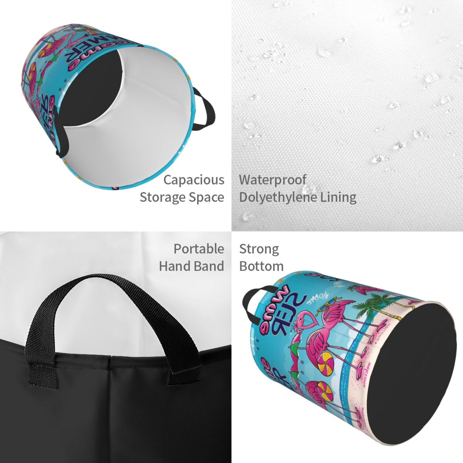 Large Laundry Basket with Handles - Beach Flamingo Trio Kids Baby Dirty Clothes Laundry Hamper for Bedroom Aesthetic