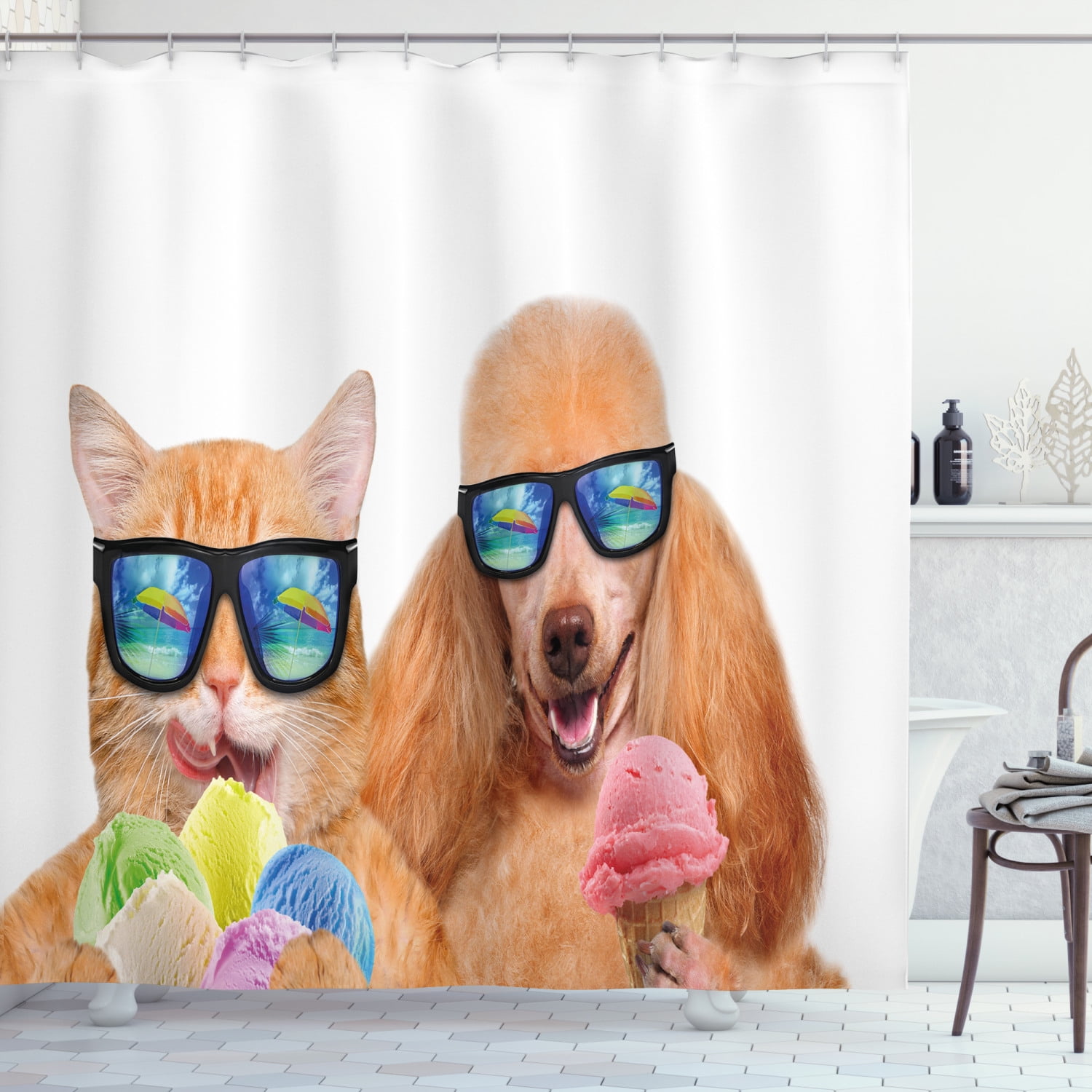 Animal Shower Curtain, Cat Dog Pet with Sunglasses Eating Ice Cream Retro  Cool Vintage Pop Artwork Image, Fabric Bathroom Set with Hooks, 69W X 70L  Inches, Multicolor, by Ambesonne - Walmart.com