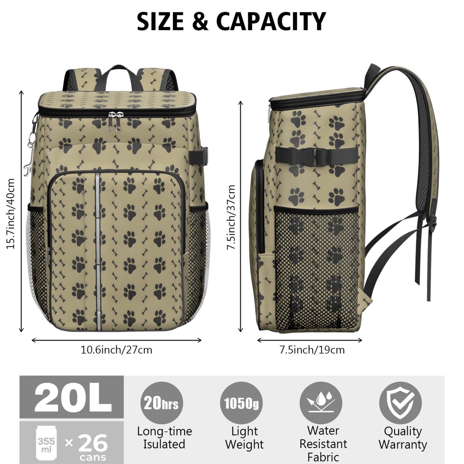 Travel Cooler Bag - Paw Prints and Bones Camping Beer Cooler Backpack with Bottle Opener- Waterproof Insulated Picnic Backpacks - Cooler Bag for Beach