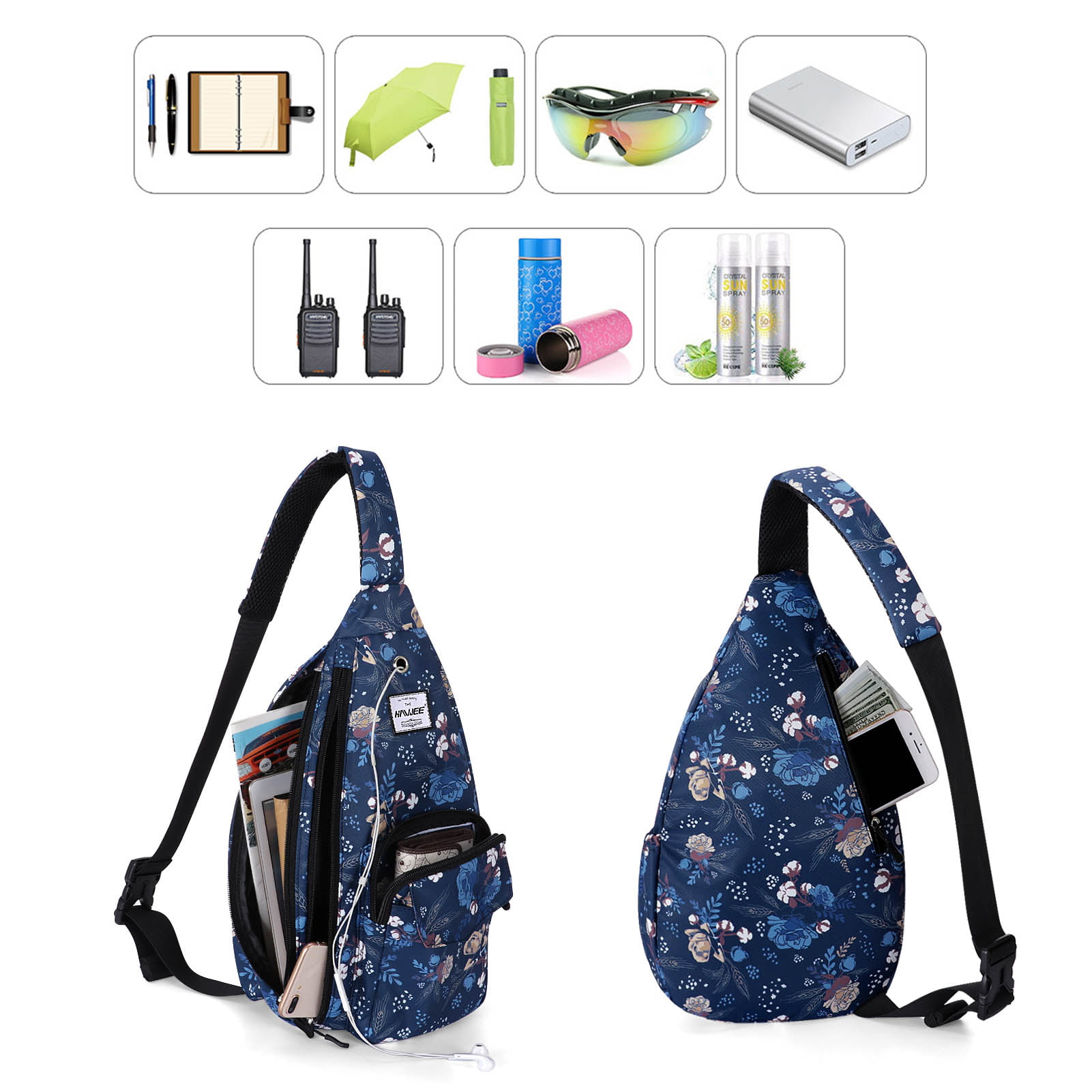 HAWEE Floral Crossbody Daypack for Women Girls Sling Backpack Bag One  Shoulder Strap, Cotton