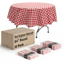 Exquisite 12 Pack Red & White Gingham Checkerboard Disposable Plastic Tablecloth 84 inch. Round