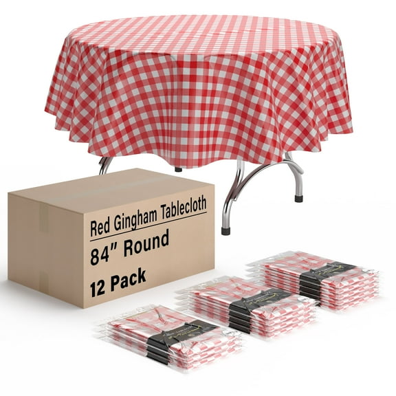 Exquisite 12 Pack Red & White Gingham Checkerboard Disposable Plastic Tablecloth 84 inch. Round
