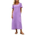 thumbnail image 2 of Women's Solid Round Neck Beach Dress Short Sleeve Vacation Skirt, 2 of 8