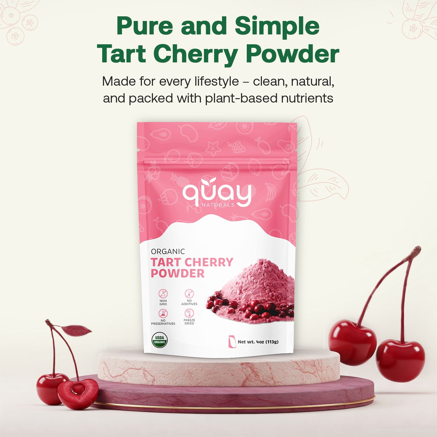 Quay Naturals Organic Tart Cherry Powder, 4oz | Made from US-Sourced Cherries | USDA Organic, Non-GMO, Freeze-Dried, No Additives | Great for Smoothies & Baking