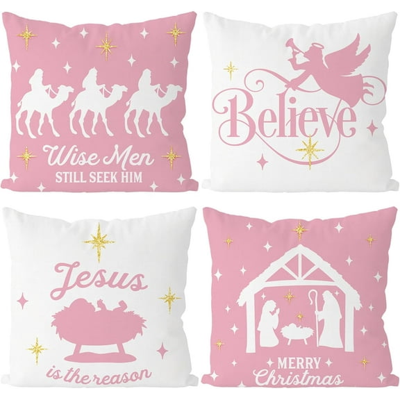 Christmas Pillow Covers 16x16 Inch Set of 4 Nativity Religious Pillow Case Pink and White Christmas Xmas Winter Home Decor Living Room House Decorative Cushion Case for Sofa Couch