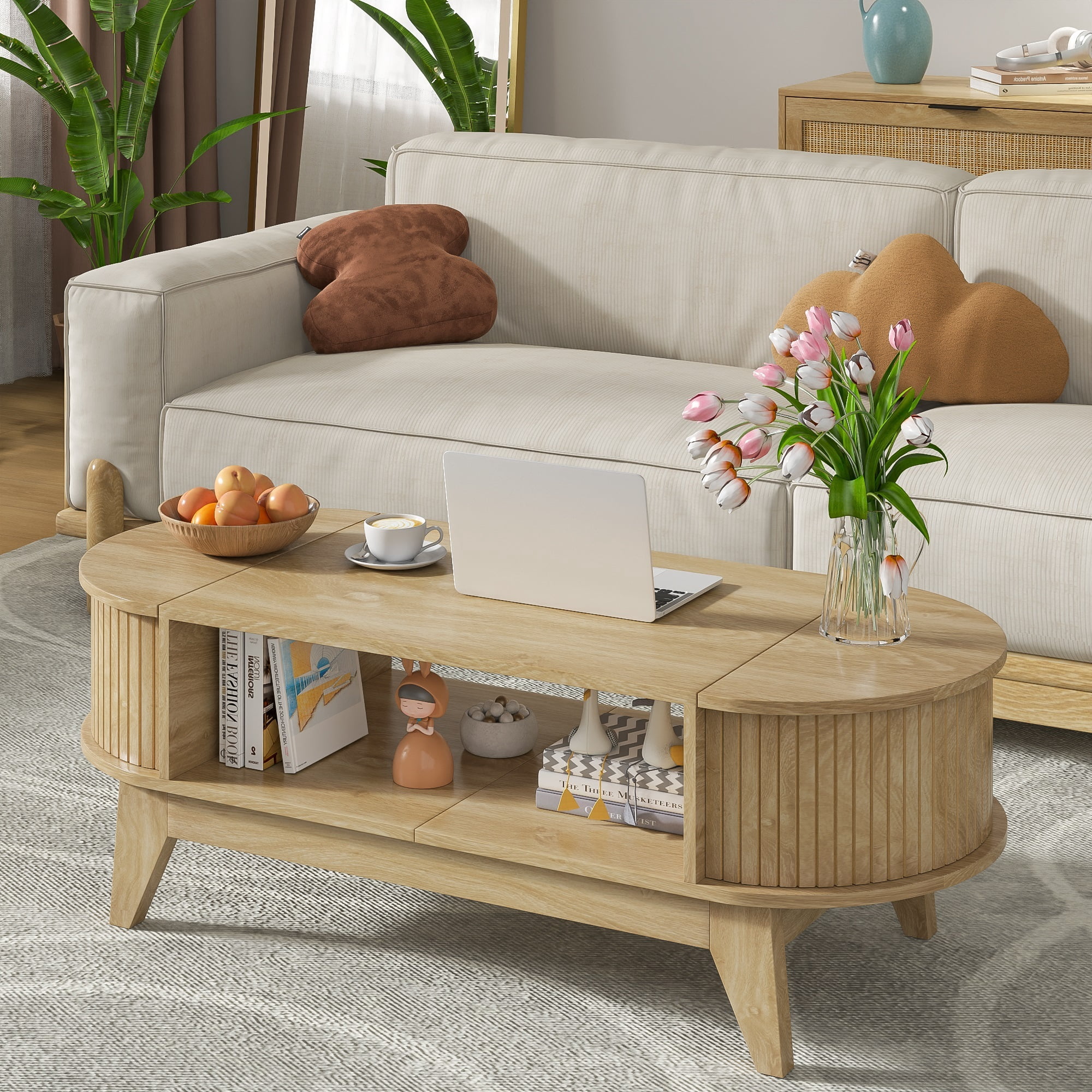 Coffee Table with 2 Hidden Compartment, Wooden Coffee Table with Open Shelf, Center Table for Living Room, Wood Color