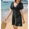 thumbnail image 6 of Women Crochet Swim Cover Up Short Sleeve V Neck Bathing Suit Beach Dress Summer Swimwear Coverups Black S, 6 of 8