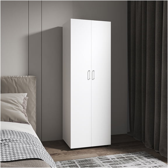 JERFIT White Modern Armoire for Bedroom, Slim Freestanding Closet with Hanging Rod & Shelves, Space Saving Storage Cabinet