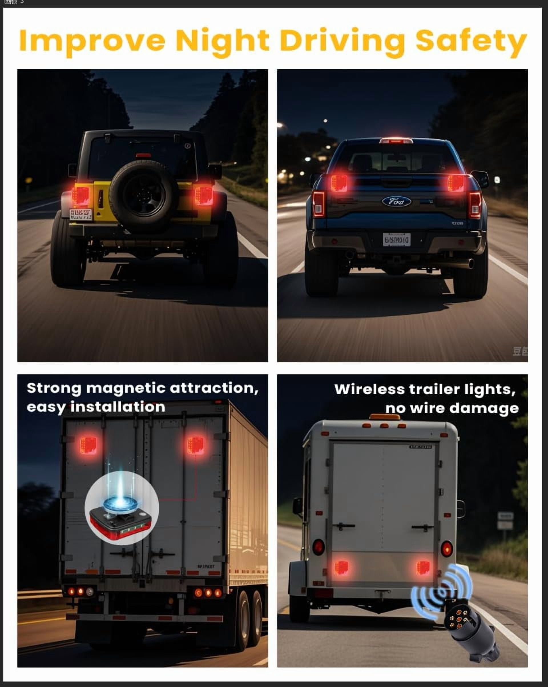 2-Pack Wireless Magnetic LED Trailer Light Set, Ip67 Waterproof Wireless Trailer Lights Kit, Portable for Pickup Trucks, SUVs, Boats, RVs and More