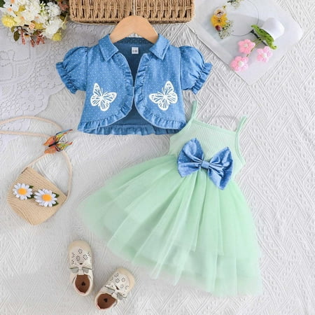 JCCXIN Girls Outfit Sets Casual Summer Beach School Party Outfit Sets Toddler Boys Two Piece Set With Printed Tops And Mesh Skirt Cute Clothes Sets