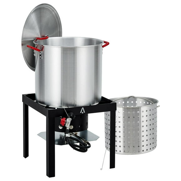 Propane Stove Burner, 60 Qt Outdoor Seafood Boil Pot with Strainer Basket & 110,000 BTU High-Pressure Burner for Crawfish, Crab, Shrimp