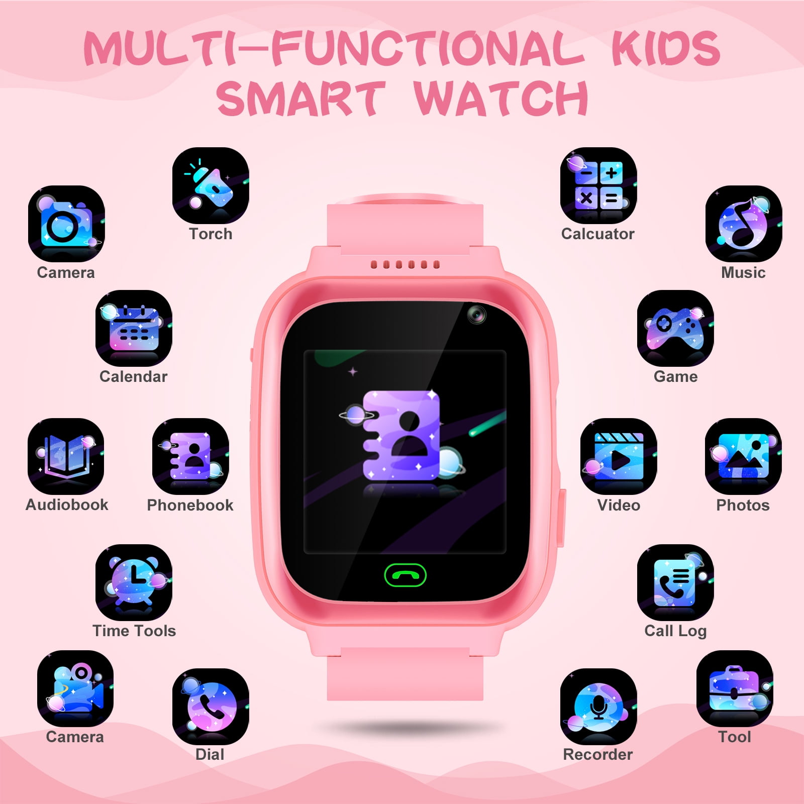 SHANNA Smart Watch for Kids, Kids Smartwatches Phone with Text and Call, Games Camera Alarm Flashlight Music Player for 3-12 Boys Girls, Pink