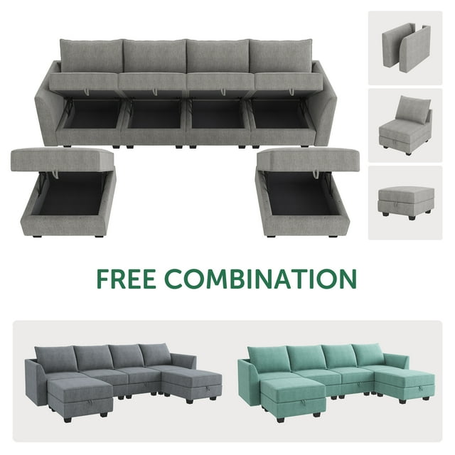 HONBAY Modular Sectional Sofa with Storage, U Shaped Couch with Reversible Chaise and Storage Ottomans, Gray