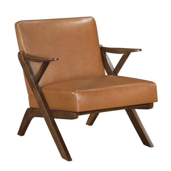 Brown Faux Leather Accent Chair with Solid Rubberwood Frame for Living Room