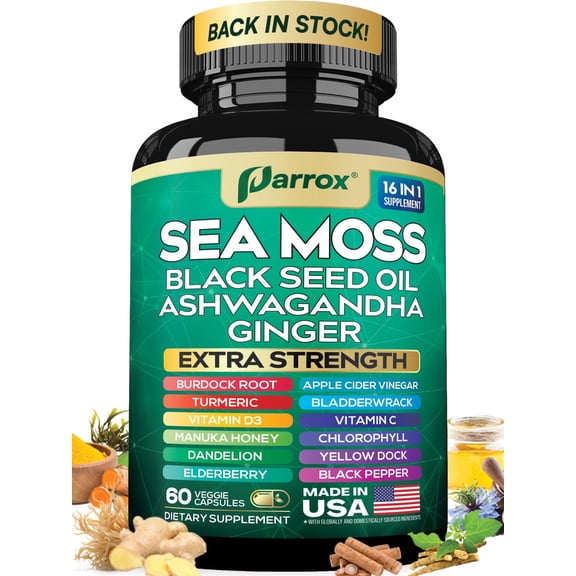 Sea Moss, Black Seed Oil, Ashwagandha, Turmeric, Chlorophyll, Dandelion, Ginger, Vitamin D3, Black Pepper, Elderberry, ACV, Yellow Dock, Burdock Root, Manuka, Vitamin C, Bladderwrack (60 Caps)