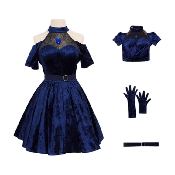 Anime Cosplay Costume Mizi Blue Velvet Dress Set Cold Shoulder Stage Performance Outfit with Gloves and Belt for Adult Halloween Party, XXXL
