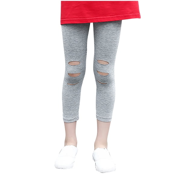 IFNWSV Leggings for Girls Solid Distressed Ripped Stretchy 7/8 Length Pull On Casual Tights Gray 3-4 Years