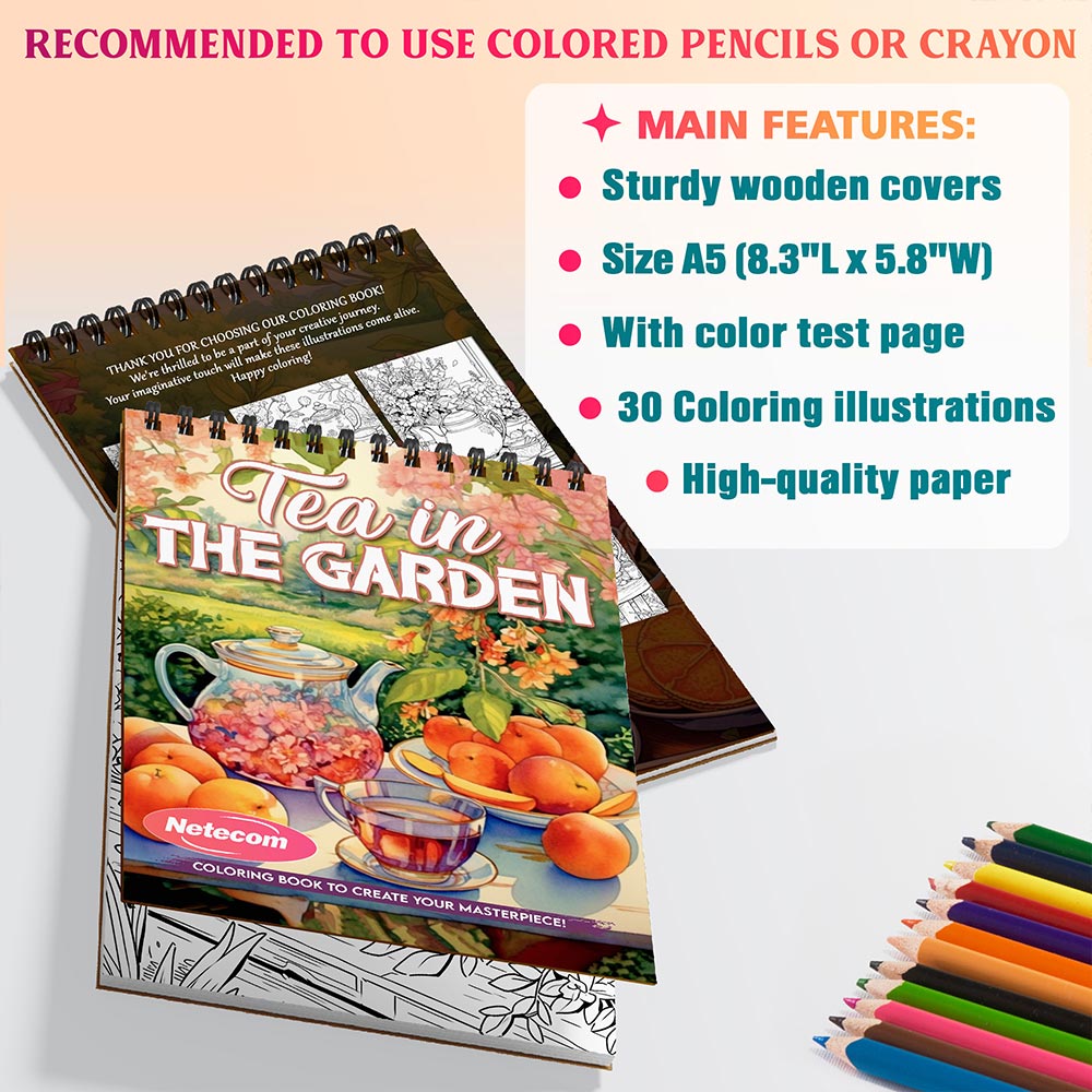 Netecom Tea in the Garden Coloring Book Spiral Bound For Adults, A5 Wooden Cover, 30 Charming Coloring Pages in Cozy Garden Scenes for Stress Relief and Relaxation