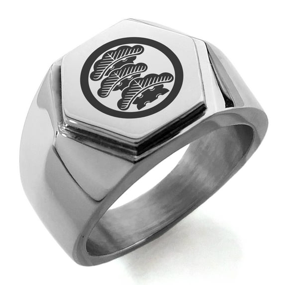 Stainless Steel Three-Tiered Pine Kamon Crest Engraved Hexagon Crest Flat Top Biker Style Polished Ring