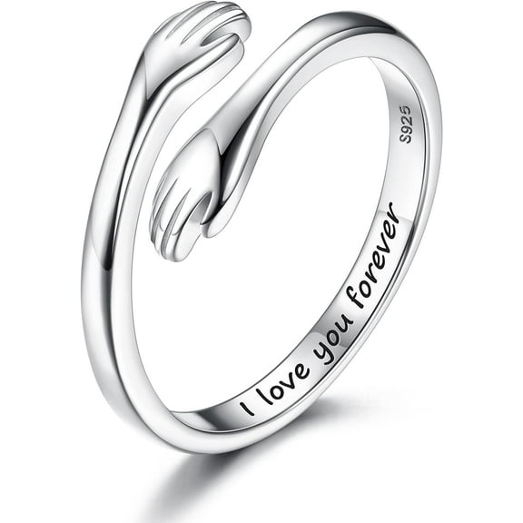 S925 Sterling Silver Hug Ring for Women 18K White Gold Plated Adjustable Band Ring I Love You Forever Couple Promise Friendship Ring Mothers Day Birthday Gifts for Daughters Mom Sister Friends Wife G