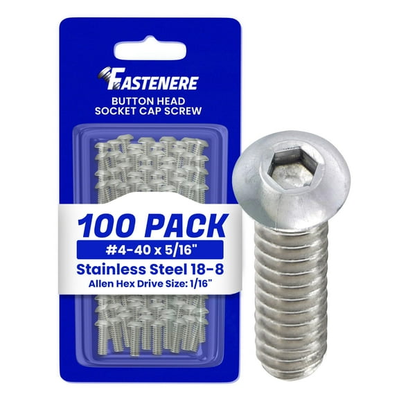 Fastenere Button Head Socket Cap Screws - 4-40 x 5/16"(100 Pack) Stainless Steel 18-8, Full Thread, Bright Plain Finish, Corrosion-Resistant, Machine Thread, Easy to Install w/ Allen Socket Drive