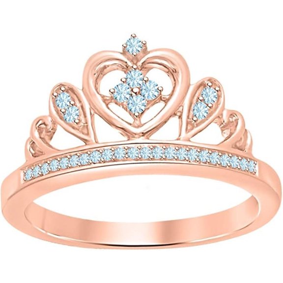 Engagement Wedding 925 Sterling Silver 14K Rose Gold Plating Round Cut Aquamarine Tiara Queen Crown Heart Shaped Ring For Women