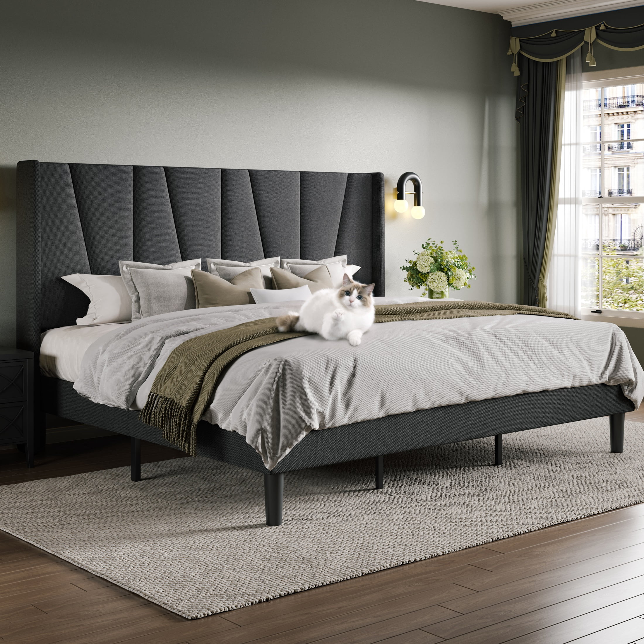 Allewie King Bed Frame, Upholstered Platform Bed with Wingback and Geometric Headboard, Gray