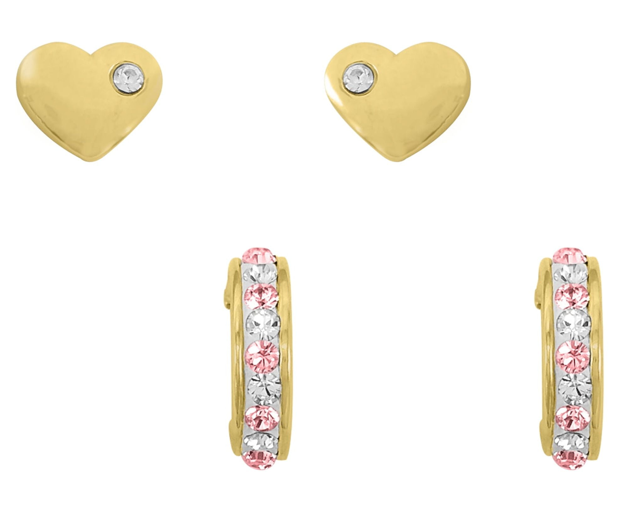 Brilliance Fine Jewelry 14K Gold Plated Sterling Silver Crystal Heart Studs and Hoop Children’s Earrings Set