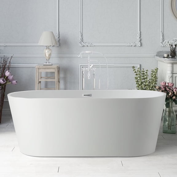 Vanity Art 59" x 30" Acrylic Freestanding Bathtub Contemporary Soaking Tub with Overflow and Pop-Up Drain, VA6815-S