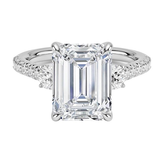 Jewelerix 2 CT Emerald Moissanite Engagement Ring 925 Sterling Silver 3 Stone Ring Anniversary Promise Ring