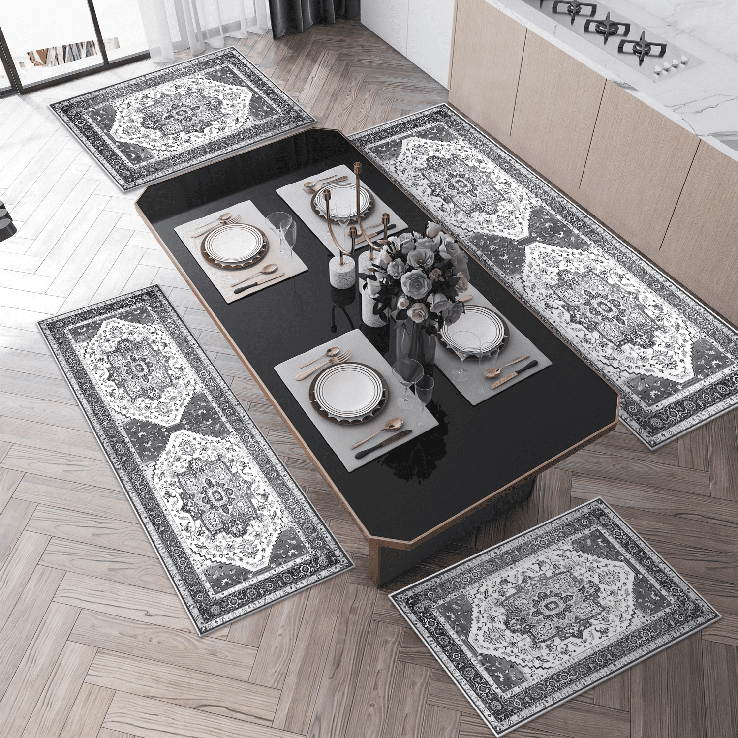 3 Pieces Kitchen Rug Sets with Runner Non Slip Washable Mats for Floor Thick Kitchen Floor Mat Carpet Runner Rugs for Hallway Laundry Holiday Decor