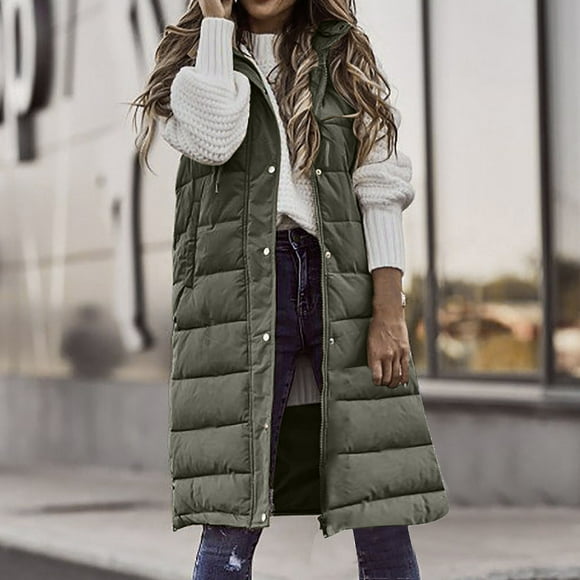 lcziwo Todays Deals Women's Long Vest Sleeveless Lightweight Puffer Jacket Packable Hooded Down Coat Quilted Vest with Hood Winter Army Green,S