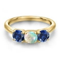 thumbnail image 3 of Gem Stone King 18K Yellow Gold Plated Silver Simulated White Opal and Blue Created Sapphire Engagement Ring for Women | 1.70 Cttw | Round Cabochon 5MM | Gemstone October Birthstone | Size 5, 3 of 6