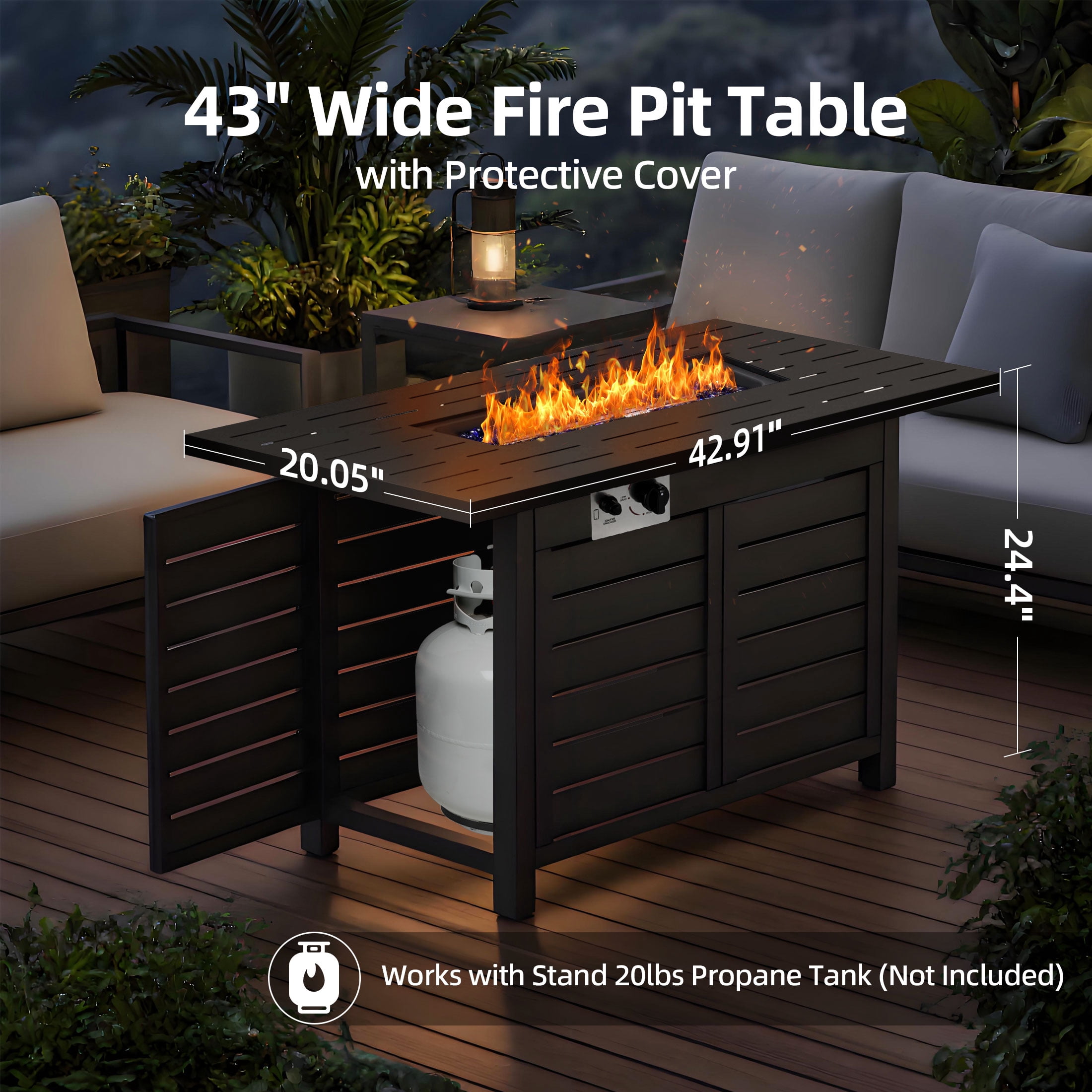 LHRIVER 43" Propane Fire Pit Table, 50,000 BTU Outdoor Windproof Gas Fire Pit with Lid, Smokeless  Glass Rocks, Cover