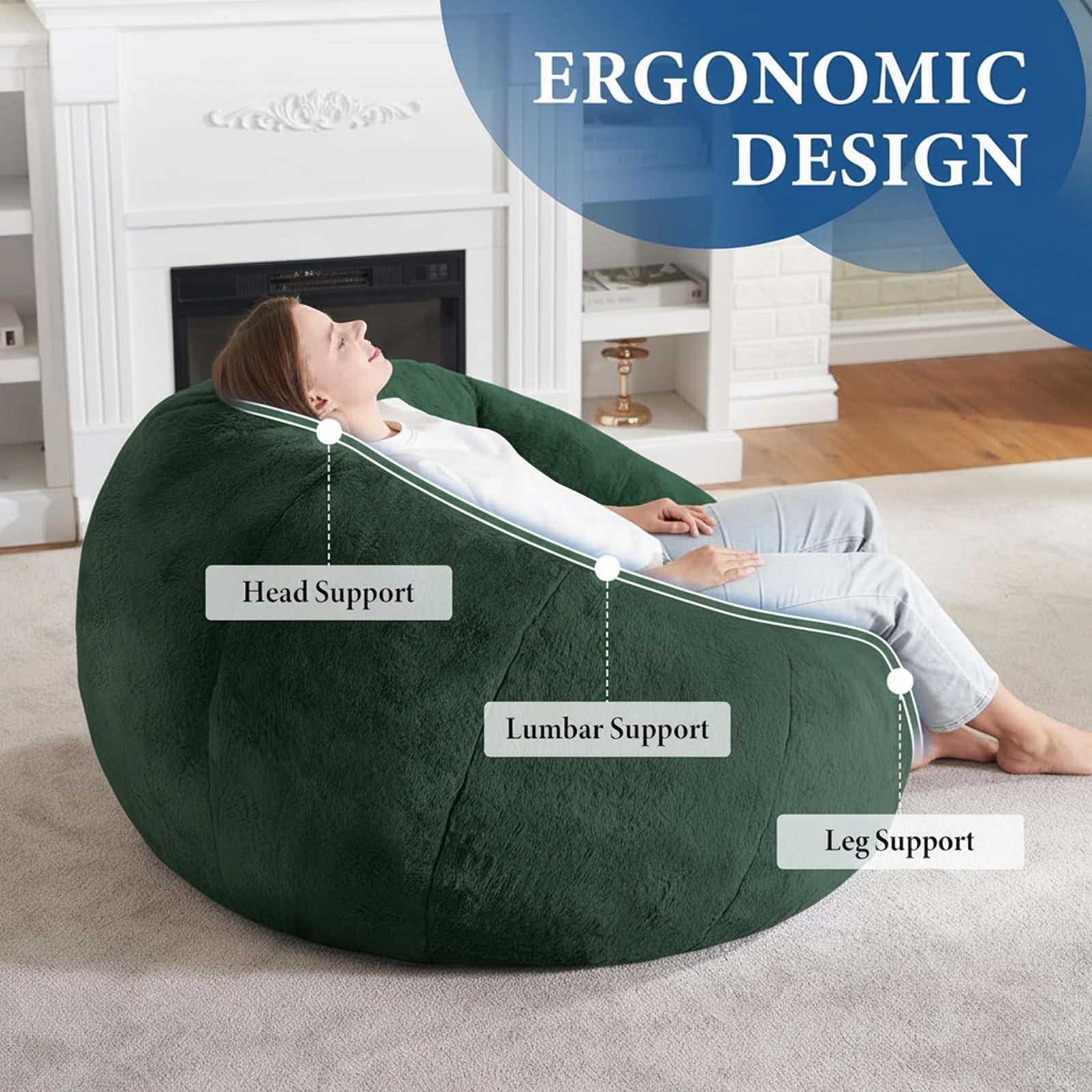 Large Bean Bag Chair for Adults, Oversized Memory Foam Beanbag Sofa with Soft Ice Flower Velvet Cover for Reading, Gaming & Relaxing (Green)