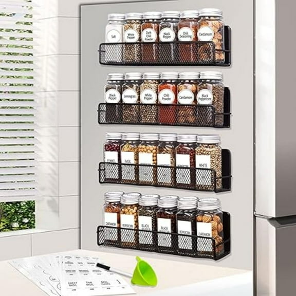 Magnetic Spice Rack for Refrigerator with Spice Jars- Includes 24 Pcs 4 OZ Seasoning Containers with Labels, 4 Space-Saving Magnetic Shelf for fridge- Perfect for Small Kitchens, Apartments