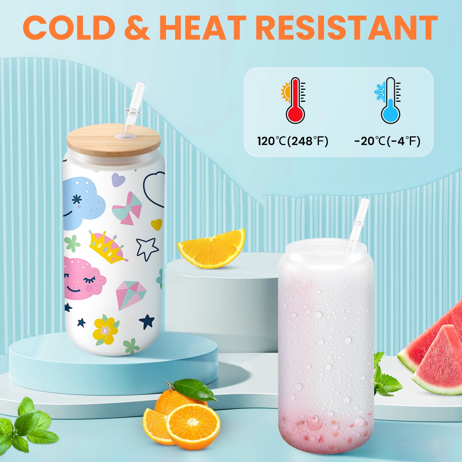 Adnoom 6 Pack Sublimation Tumblers, 20oz Sublimation Glass Blanks w/ Bamboo Lid, Frosted Glass Cup for Iced Coffee Juice Soda Drinks DIY Gifts