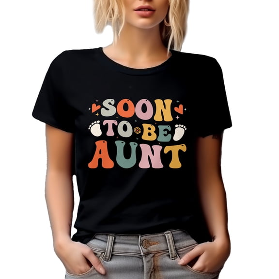 Soon to Be Aunt - Pregnancy Announcement, Baby Shower, Retro Wavy Text, Black T-Shirt, Small