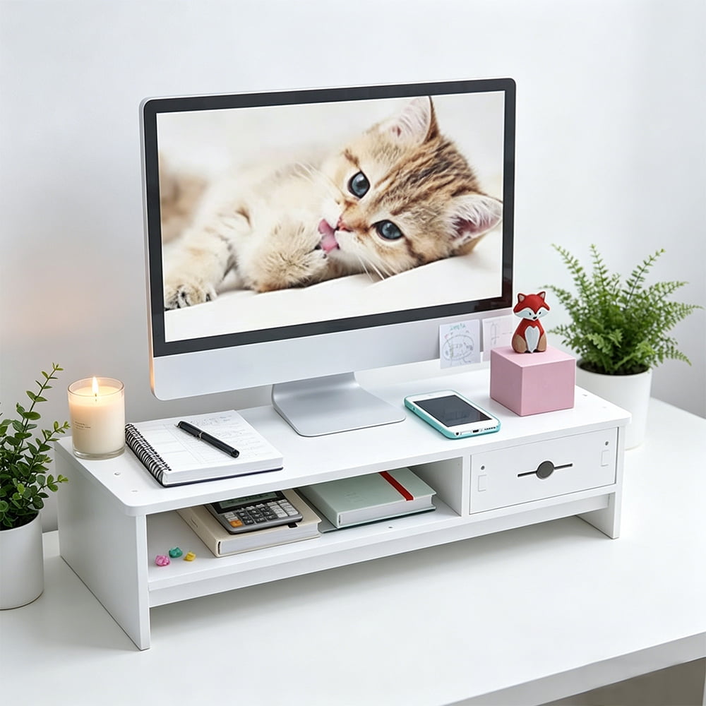 White Monitor Stand, Monitor Riser for Desk & Laptop, Computer Stand with Drawer