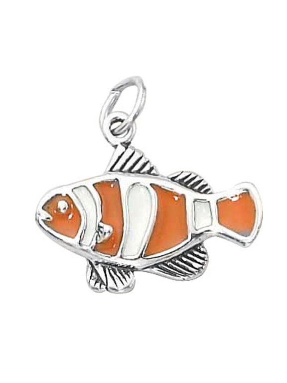 Sterling Silver 20" 1mm Box Chain Enameled Clown Fish Pendant Necklace