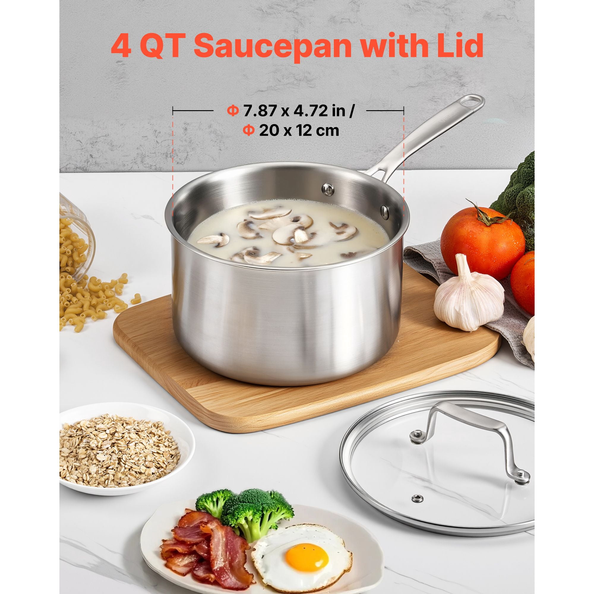 Stainless Steel Saucepan 4 QT Tri-Ply Construction Oven Safe 600°F for Gas Electric Induction