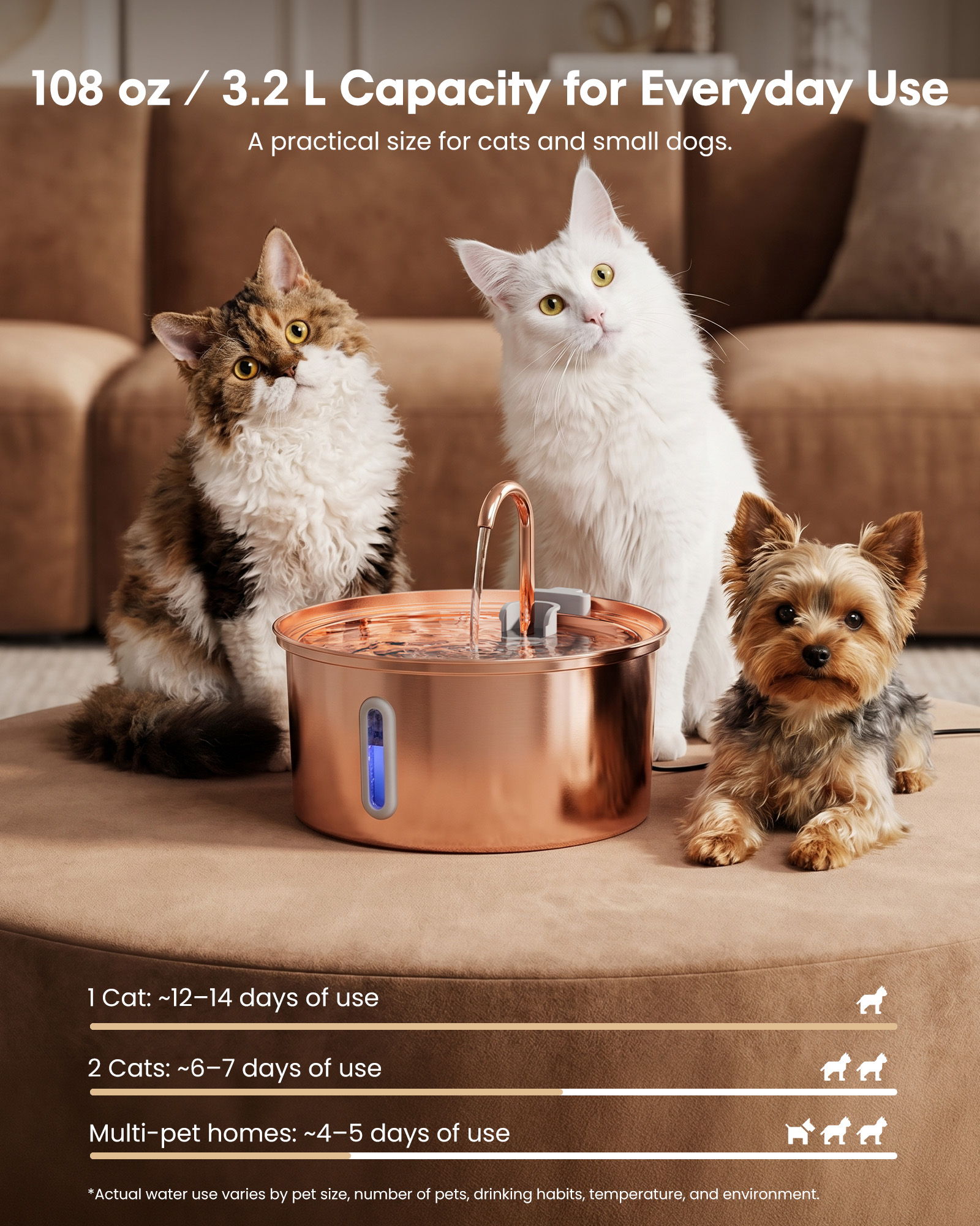 Furclan Copper Cat Water Fountain, Stainless Steel, 3.2L photo 4